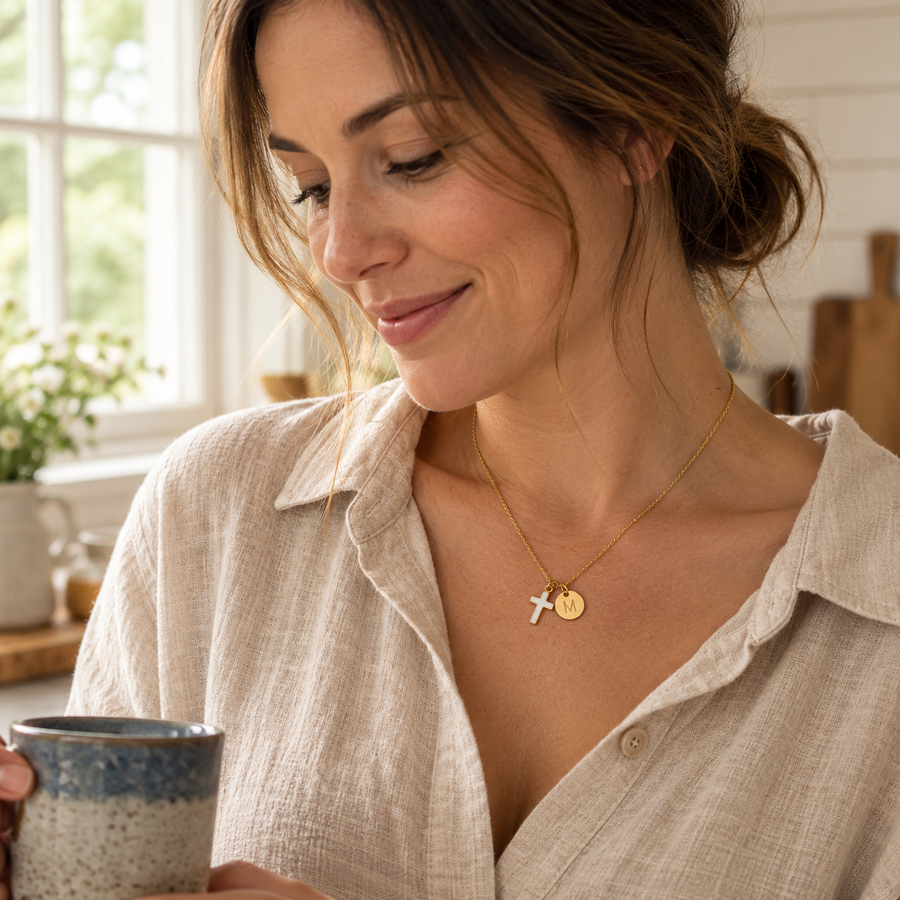 Initial Cross Necklace Set for Two