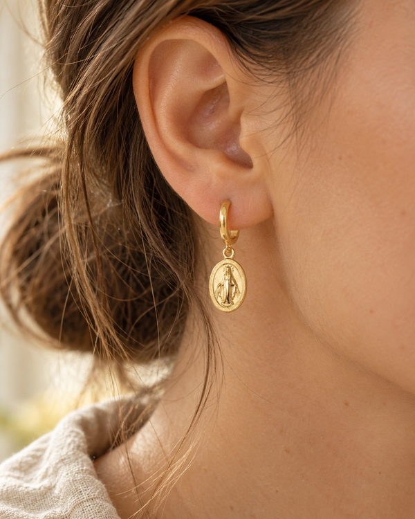 Miraculous Medal Earrings, gold-plated Catholic earrings by Sanctelle