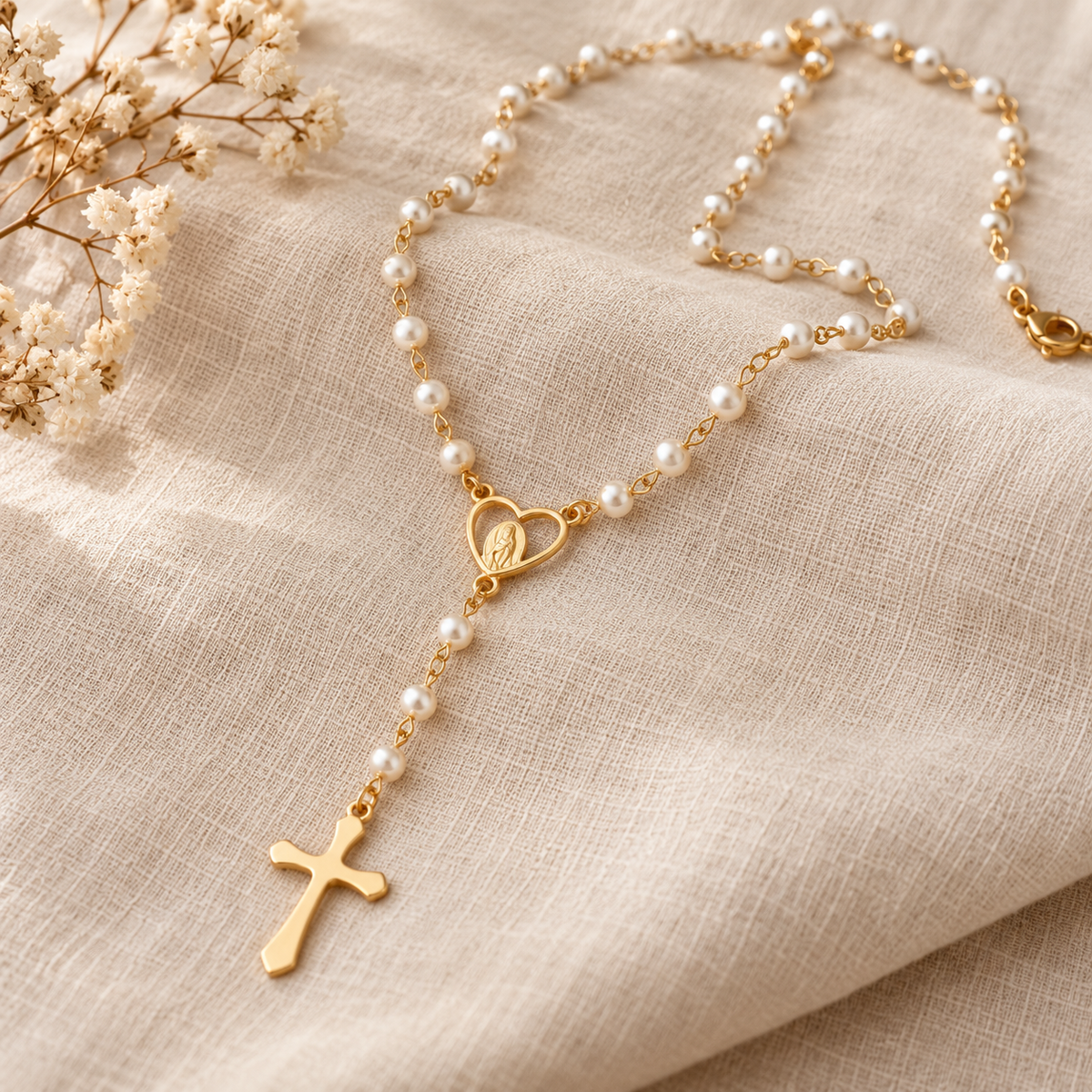 Pearl Heart Cross Necklace by Sanctelle, view 2