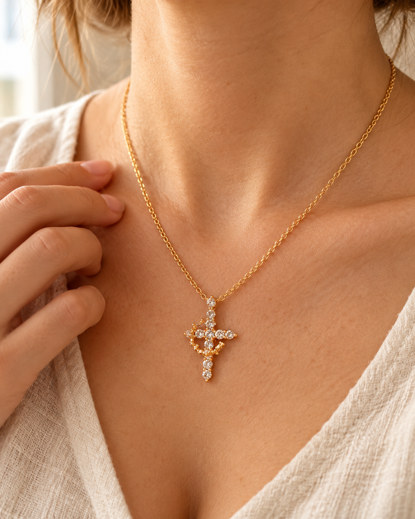 Crystal Cross Necklace, gold-plated Catholic necklace by Sanctelle