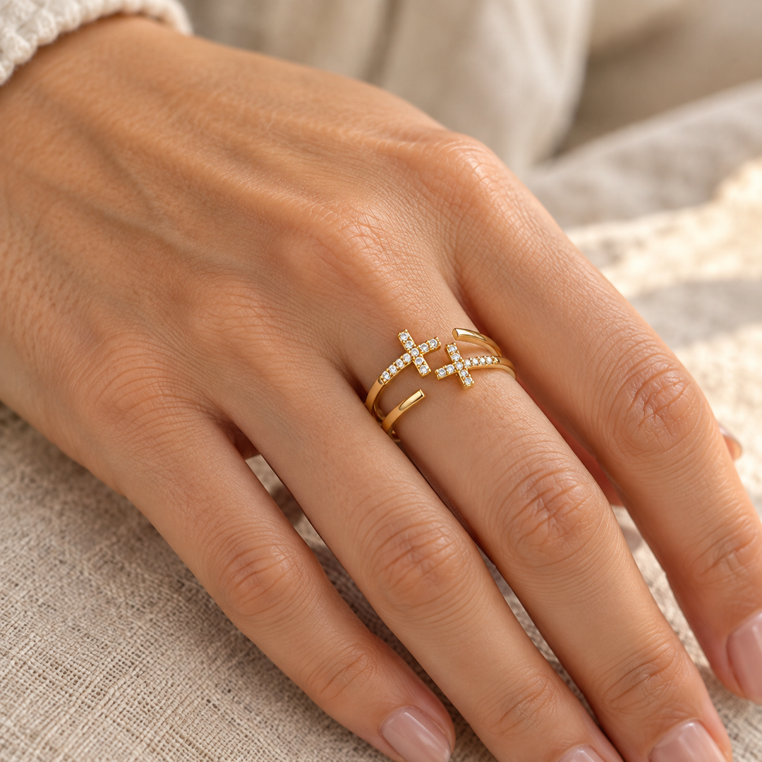 Double Cross Ring, gold-plated Catholic ring by Sanctelle