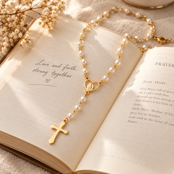 Pearl Heart Cross Necklace by Sanctelle, view 3