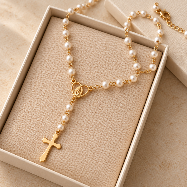 Pearl Heart Cross Necklace by Sanctelle, view 5