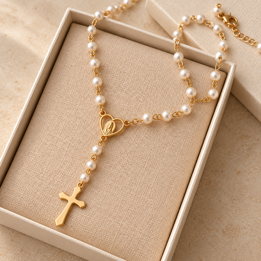 Pearl Heart Cross Necklace by Sanctelle, view 5