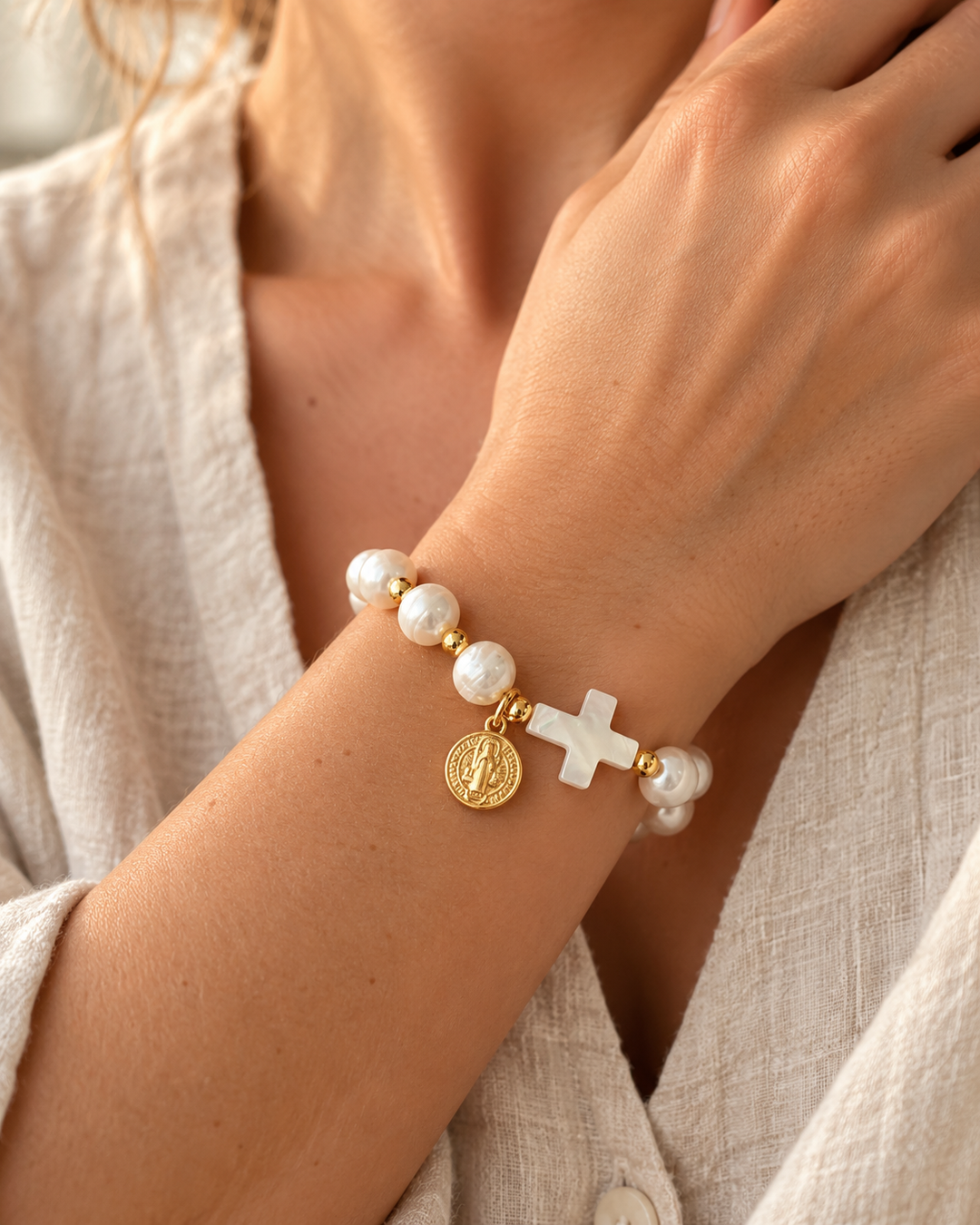 Saint Benedict Pearl Bracelet, Catholic pearl bracelet by Sanctelle